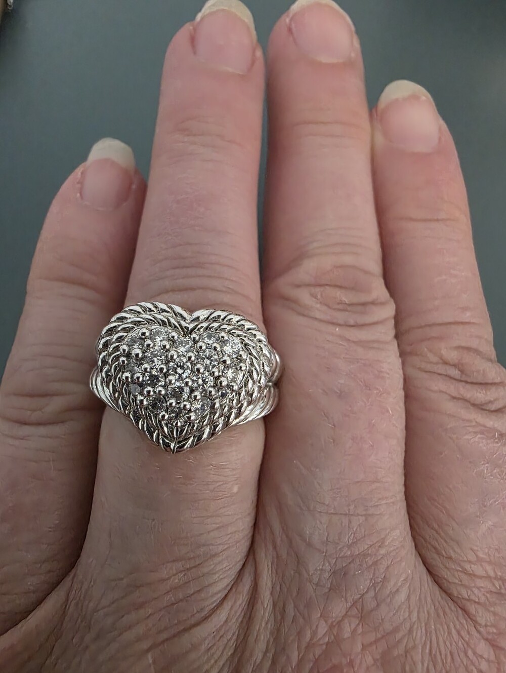 Retired Judith Ripka 925 Sterling Silver CZ Pavé Heart Ring Size 5.75